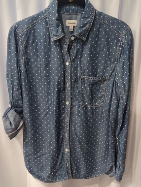 Sneak Peek Blue Chambray Polka Dot Button-Down Denim Shirt Size Small